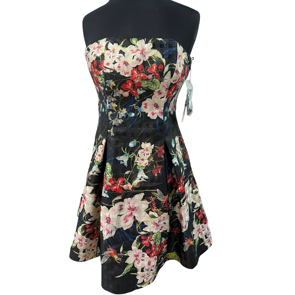 Nicole Miller New York Strapless Floral Metallic Fit Flare Cocktail Dress 10